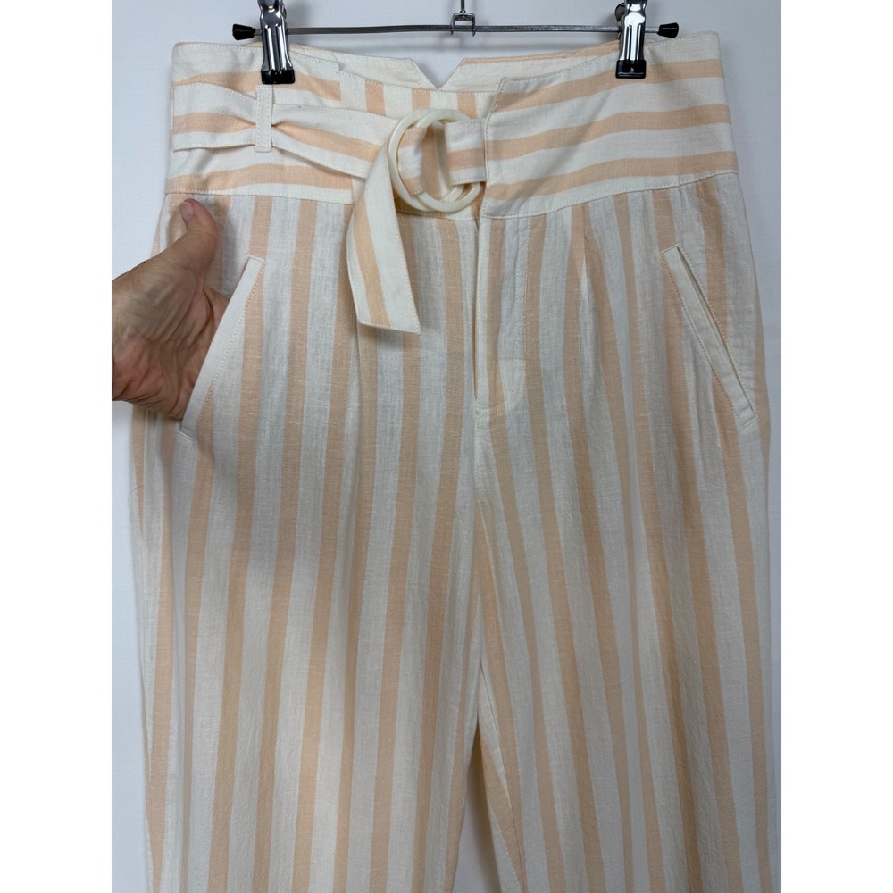 Anthropologie Striped Paperbag‎ Pants Womens 4 Peach White Linen Blend Belted - Picture 9 of 13